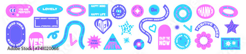 Set of y2k stickers. Positive and motivation phrases. Collection of elements in trendy style.