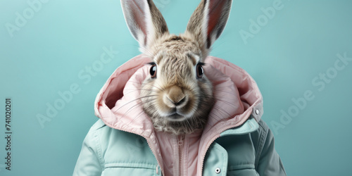 rabbit, hare dressed in a jacket with a hood on a light blue background photo