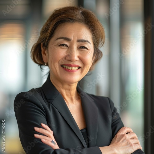 Portrait of Japanese female businesswoman 50-60 years in suit against office background © Henryzoom