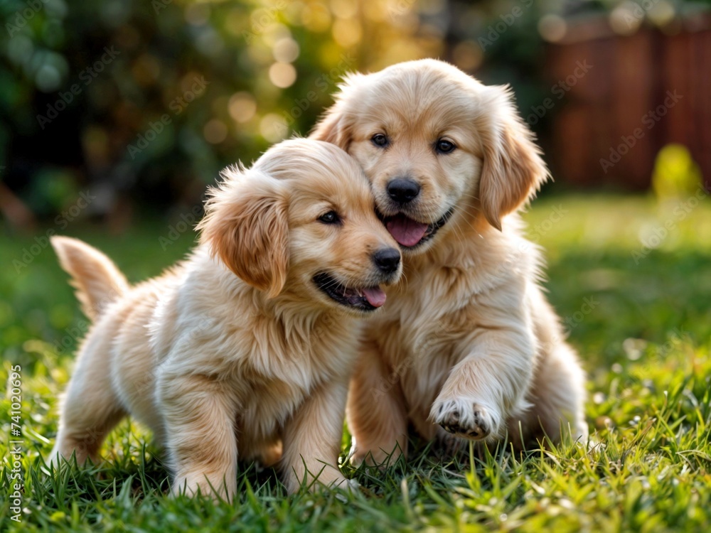 Puppies playing in the garden on the grass