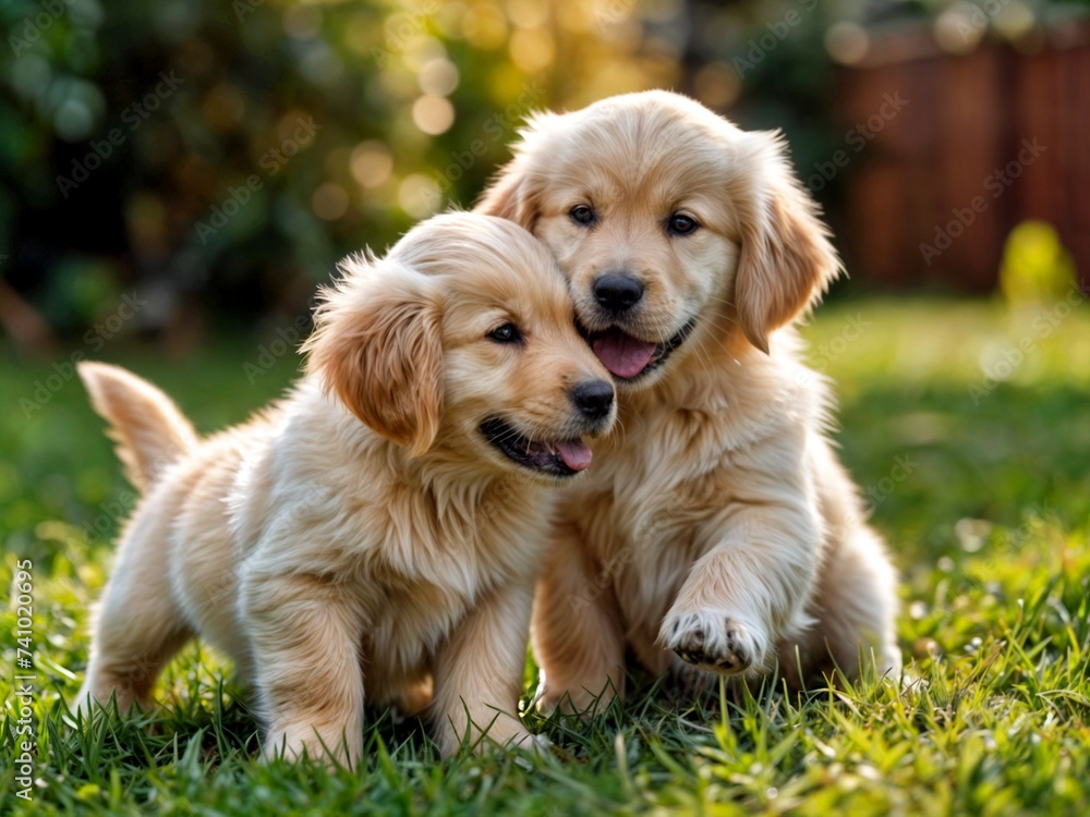 Puppies playing in the garden on the grass Puppies playing in the garden on the grass