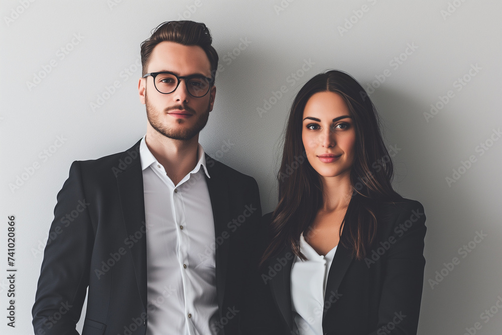 Business partners posing in front of wall, looking at camera and smiling, white background Business partners posing in front of wall, looking at camera and smiling, white background