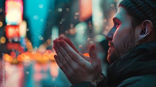 closeup of a person face clapping for his success with emotional eyes on newyork street