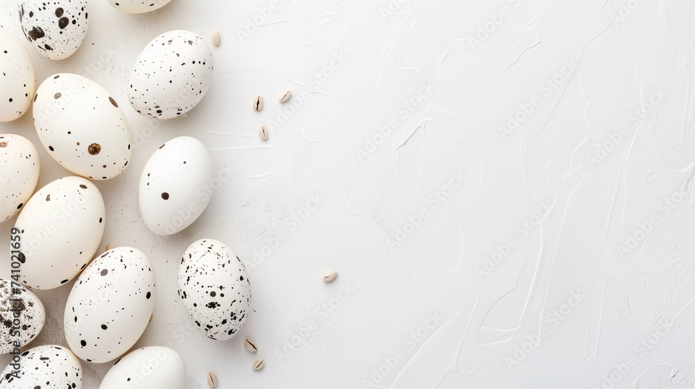 White Easter eggs on white background with spring flowers and space for writing. Minimalistic soft Easter background. White Easter eggs on white background with spring flowers and space for writing. Minimalistic soft Easter background.