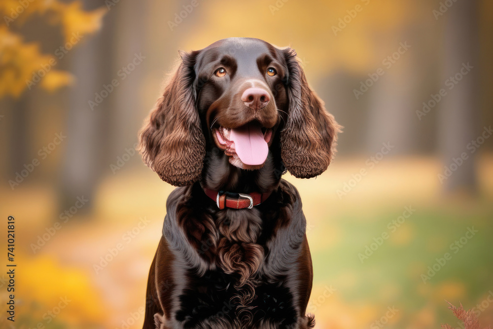 Portrait of American Water Spaniel with the nature landscape on background. Happy dog portrait 