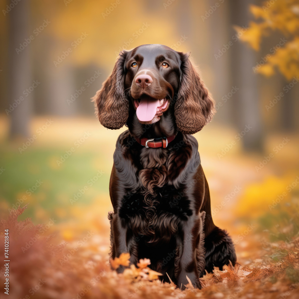 Portrait of American Water Spaniel with the nature landscape on background. Happy dog portrait Portrait of American Water Spaniel with the nature landscape on background. Happy dog portrait