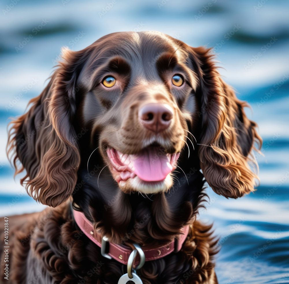 Portrait of American Water Spaniel with sea or ocean on background. Happy dog portrait 