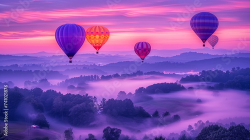 Hot air balloons float over a fog-covered landscape at dawn, with soft purple and pink hues