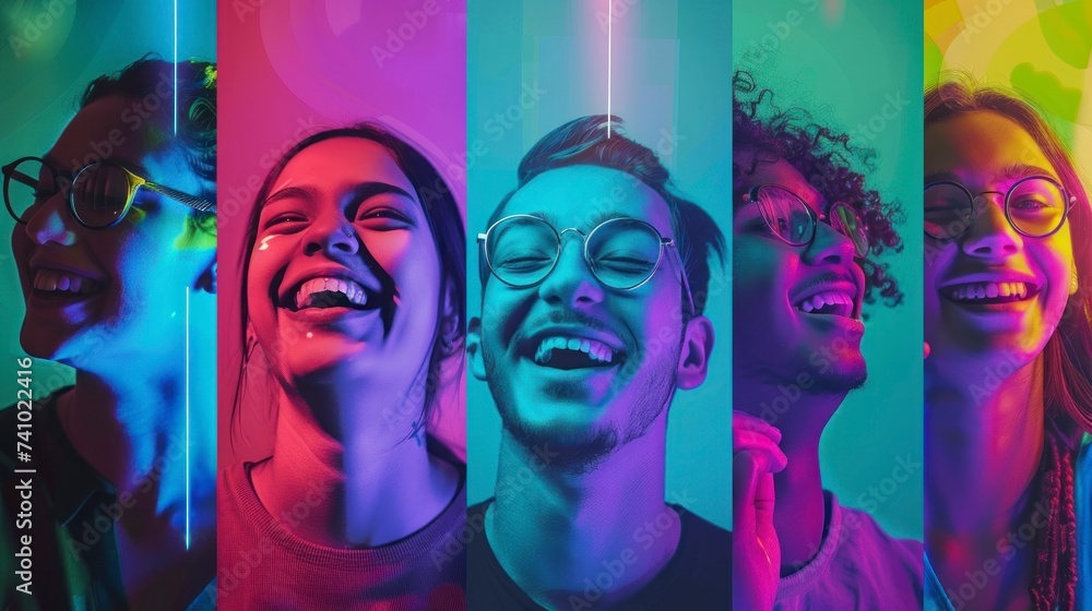 Naklejka premium group of young people smiling on a background of different neon colors in a studio in high resolution and quality