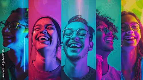group of young people smiling on a background of different neon colors in a studio in high resolution and quality