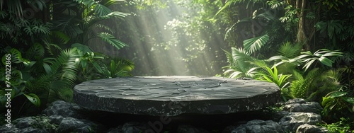 a stone table in a forest