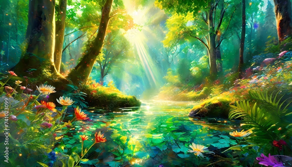 enchanting forest scenes where rays of sunlight majestically filter through the foliage, casting a magical glow upon the surroundings