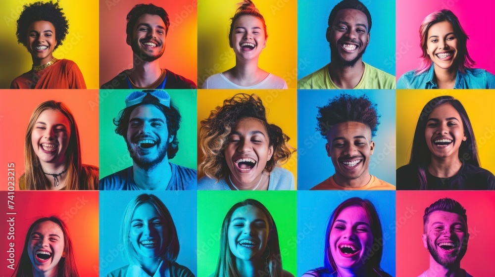 group of young people smiling on a background of different neon colors in a studio in high resolution and high quality. concept happy young people of different ethnicities and cultures and regions group of young people smiling on a background of different neon colors in a studio in high resolution and high quality. concept happy young people of different ethnicities and cultures and regions