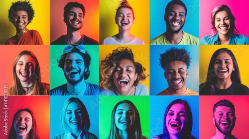 group of young people smiling on a background of different neon colors in a studio in high resolution and high quality. concept happy young people of different ethnicities and cultures and regions