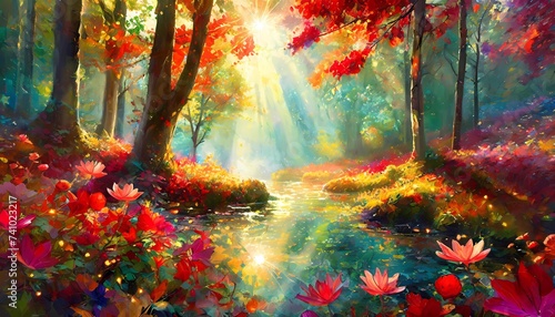 enchanting forest scenes where rays of sunlight majestically filter through the foliage, casting a magical glow upon the surroundings photo