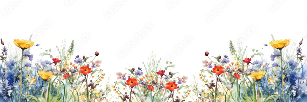 Floral summer banner. Multicolored wild meadow flowers and copy space on white. Wedding or any holidays invitation or congratulation. Mock up. Floral watercolor illustration banner. Generated AI.