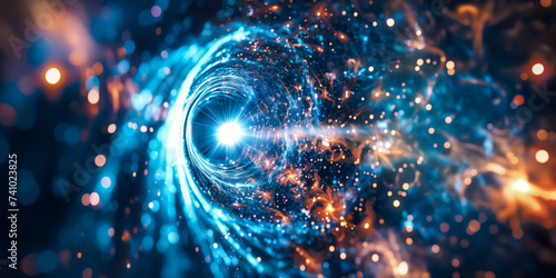 Futuristic technology swirl background design with lights and bokeh looks like galaxy in space.
 photo
