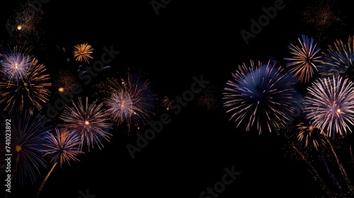 Multiple colored firework shows scattered on a black background, in the style of cartoonish motifs, Happy New Year celebration, color gradients, art deco sensibilities, vividly bold design.