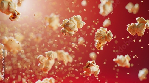 Popcorn flying in the air on a red background. Copy space. generative AI