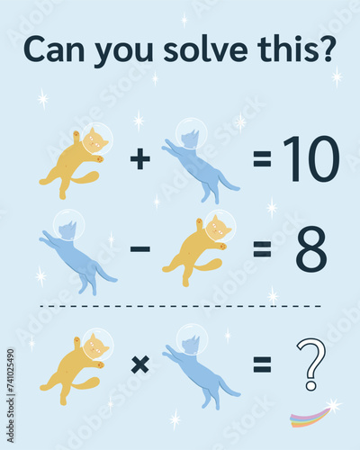 Cat Math riddle for kids and adults. Picture equations, fun picture math worksheet. Vector format