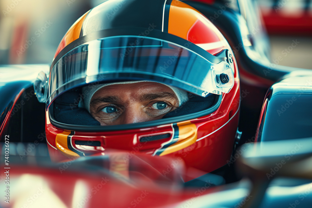 Racer wearing helmet and uniform sitting in race car and ready for race Racer wearing helmet and uniform sitting in race car and ready for race