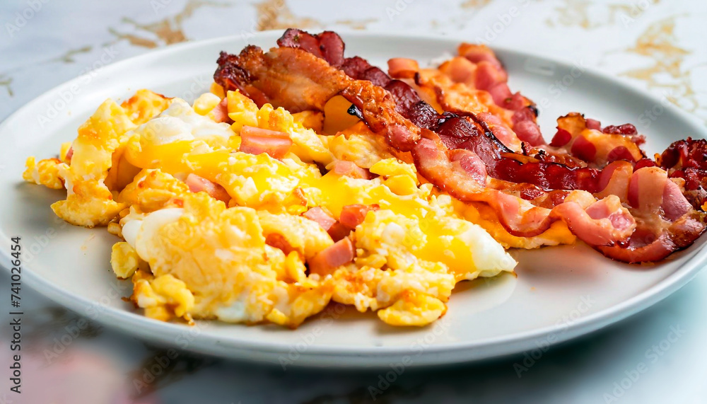 The photo of fried bacon and scrambled eggs on a plate on a white marble serving table The photo of fried bacon and scrambled eggs on a plate on a white marble serving table