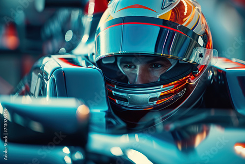 Racer wearing helmet and uniform sitting in race car and ready for race