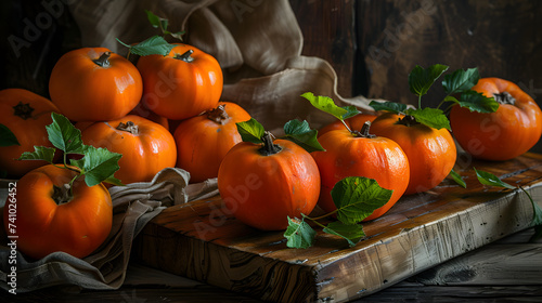 Harvest Delight: Ripe Persimmons on a Wooden Cutting Board