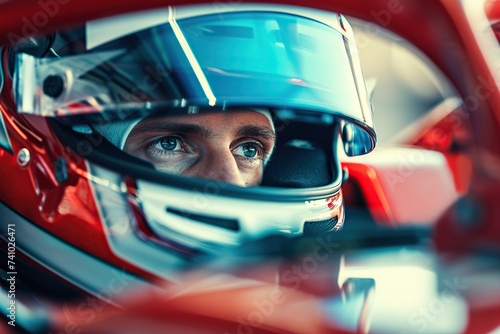 Racer wearing helmet and uniform sitting in race car and ready for race photo