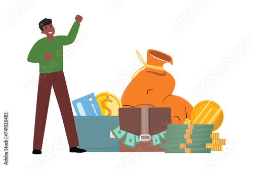  Happy Black Man Cheers Amidst Wallet, Credit Card, Sack of Golden Coins and a Stack of Money.
