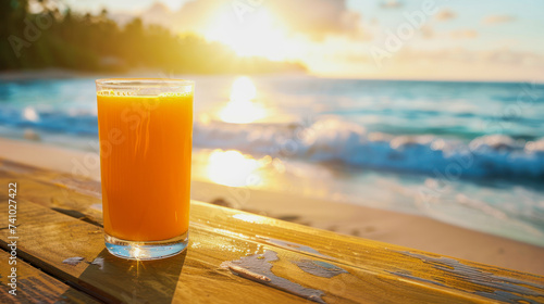 illustration of a freshly pressed orange juice in front of a blurred beach scenery photo