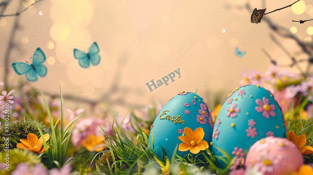Blue easter eggs in grass and butterflies, in the style of light orange and pink, realistic scenery, light beige and yellow, commission for, spectacular backdrops, yellow and pink, canvas texture. - obrazy, fototapety, plakaty 