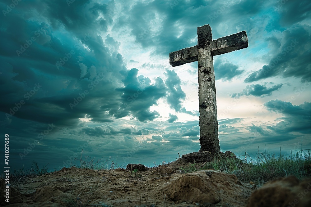 Experience a moment of profound solitude and contemplation as the empty cross on the hill is bathed in golden light, casting a long shadow on the ground, evoking a sense of peace and reflection Experience a moment of profound solitude and contemplation as the empty cross on the hill is bathed in golden light, casting a long shadow on the ground, evoking a sense of peace and reflection