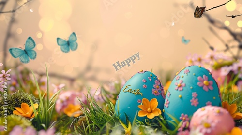Blue easter eggs in grass and butterflies, in the style of light orange and pink, realistic scenery, light beige and yellow, commission for, spectacular backdrops, yellow and pink, canvas texture.