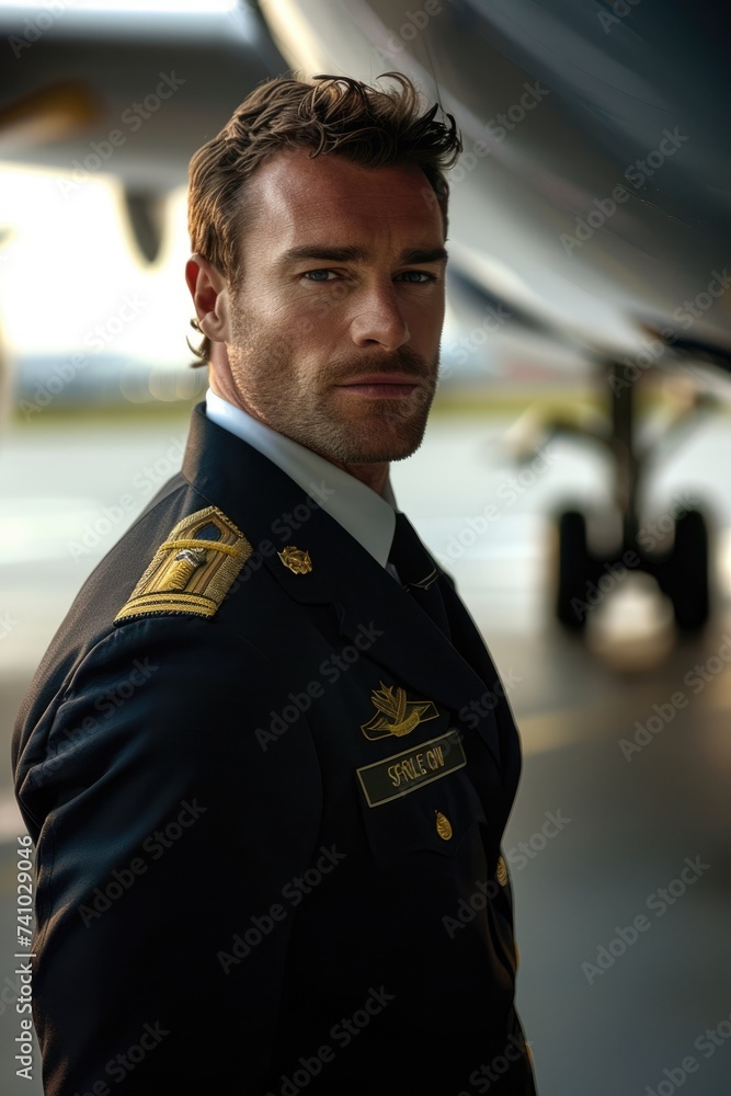 A pilot wearing uniform, standing in front of big airplane A pilot wearing uniform, standing in front of big airplane