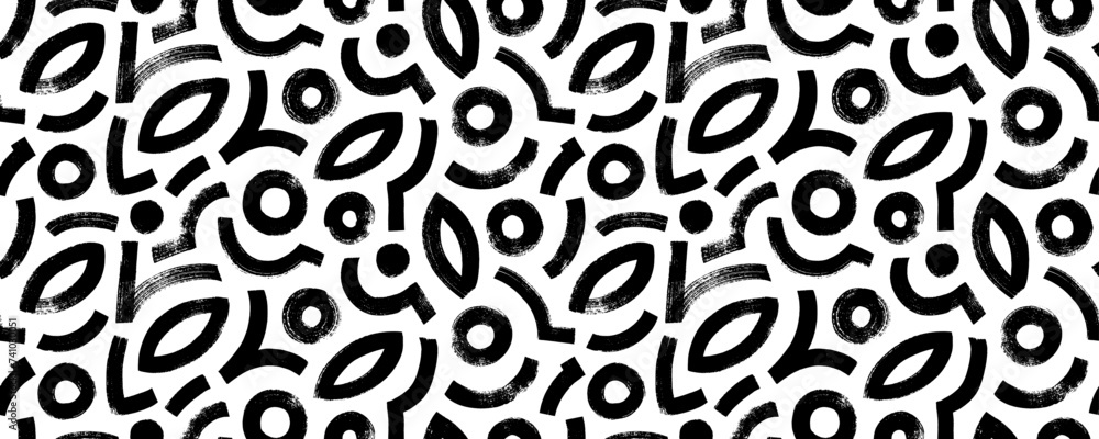 Bold brush drawn geometric shapes seamless pattern. Grunge ornament with ovals, circles and arches. Bold brush drawn geometric shapes seamless pattern. Grunge ornament with ovals, circles and arches.