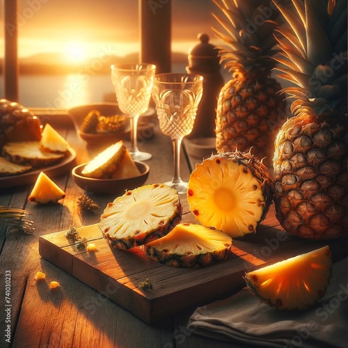 pineapples on a table at dusk