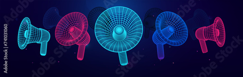 Loudspeakers collection wire frame. 3d wireframe mesh megaphones collection on dark background. Futuristic announcements, promotion, advertisements, cyber monday marketing vector design elements. 