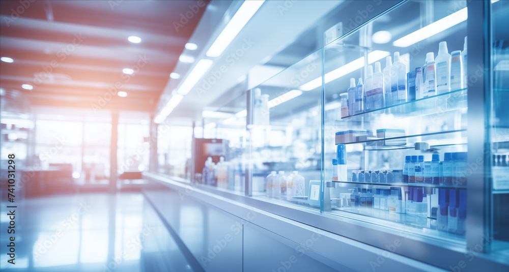 Pharmacy blurred light tone with store drugs shelves interior background. Concept of pharmacist, defocused background of pharmacy business store. Pharmacy blurred light tone with store drugs shelves interior background. Concept of pharmacist, defocused background of pharmacy business store.
