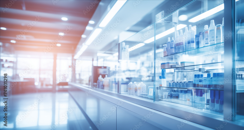 Pharmacy blurred light tone with store drugs shelves interior background. Concept of pharmacist, defocused background of pharmacy business store.