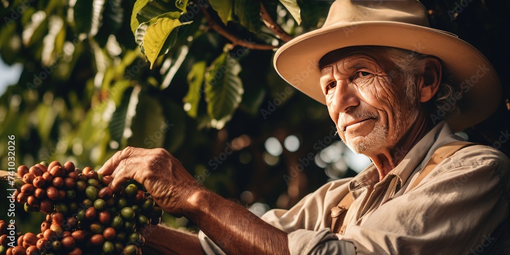 A gray-haired man collects coffee, portrait of a harvester. Coffee plantation. Generative AI