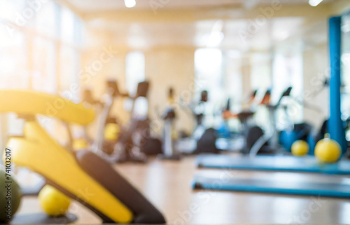 Abstract blurred background illustration. Aesthetic Interior Design of Gym Space with Abundant Exercise Equipment. Modern fitness gym for healthy exercise, fitness concept, , , light yellow toning