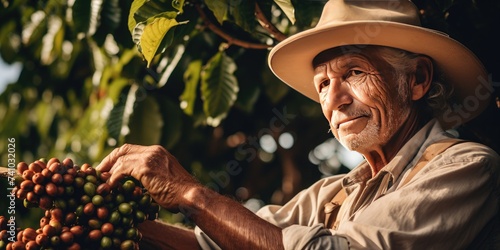 A gray-haired man collects coffee  portrait of a harvester. Coffee plantation. Generative AI