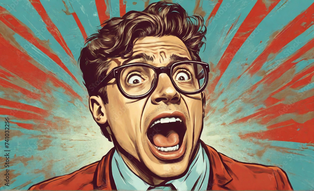 Amazed young man in glasses. Vintage advertising poster of business with man with open mouth in comic style. Expressive facial expressions