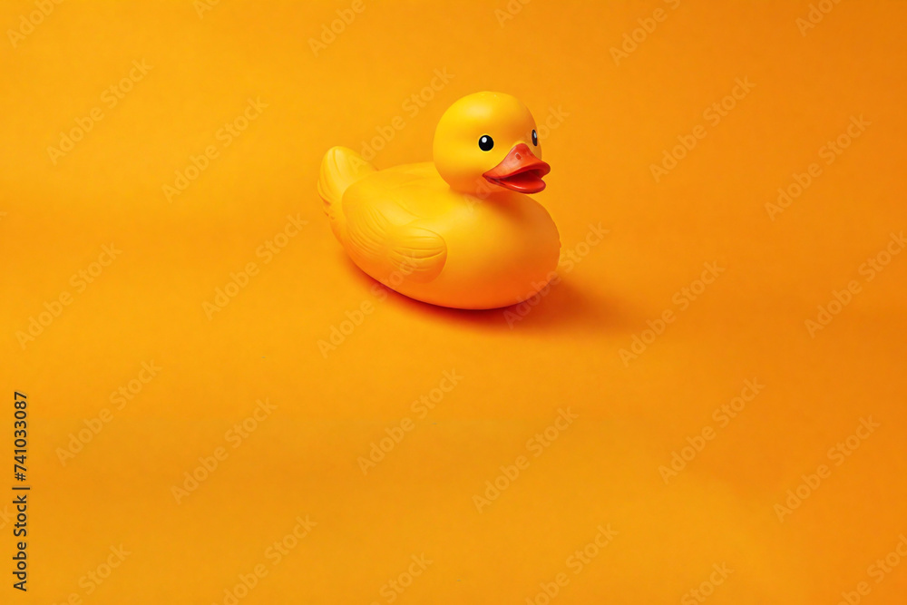 Yellow rubber isolated duck toy on orange yellow background with copyspace for text. Fun toy for baby bath. generative AI Yellow rubber isolated duck toy on orange yellow background with copyspace for text. Fun toy for baby bath. generative AI
