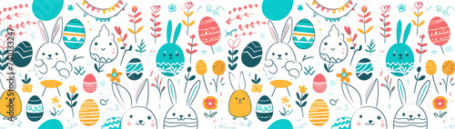 Easter. Cute hand drawn Easter eggs horizontal seamless pattern, fun Easter decoration, great for banners, wallpapers, cards - vector design