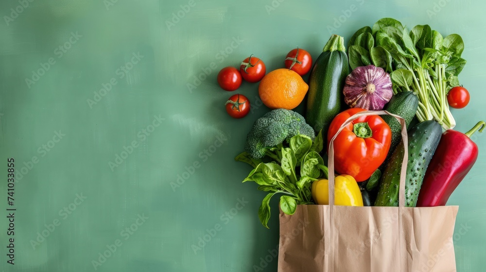 Paper bag with fruits and vegetables on pastel green background. Copy space. generative AI Paper bag with fruits and vegetables on pastel green background. Copy space. generative AI