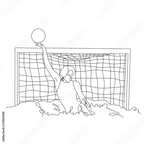 Female playing water polo game at the gate outline vector illustration. Water polo woman player getting ready to strike at game vector continuous line.