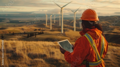Braving the elements, a fearless woman in her trusty hard hat and orange work jacket stands tall, tablet in hand, amidst the sprawling grass and towering windmills, ready to take on any challenge tha photo