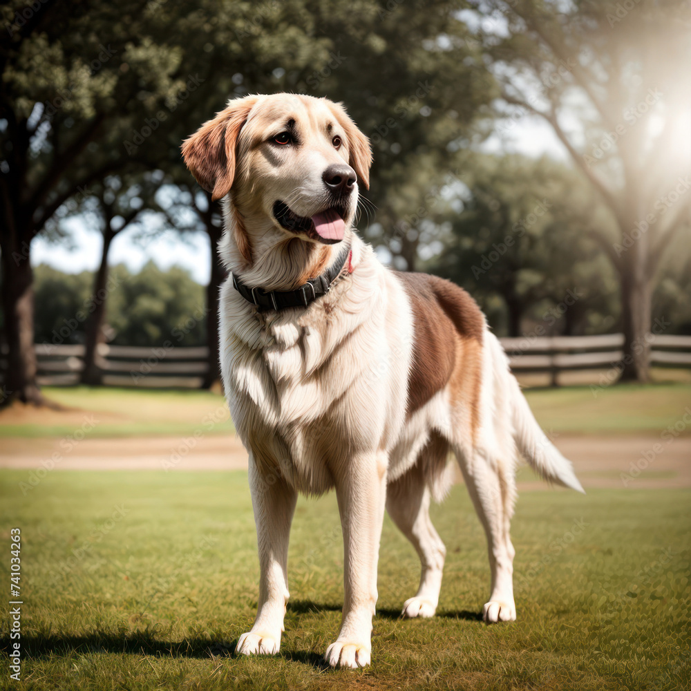 Portrait of Anatolian Shepherd Dog with a ranch or farm on a background